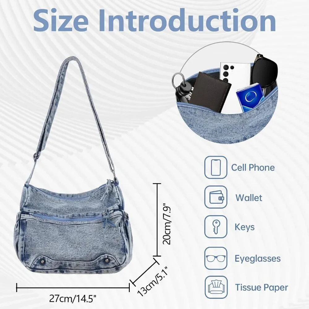 Women's Denim Tote Bag Casual Hobo Purse Adjustable Crossbody Spacious